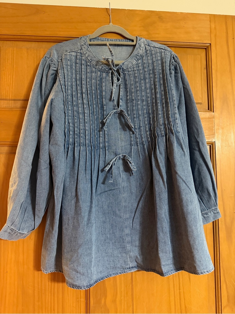 Denim Peasant Tunic Top with Pintuck Front and Tie Details